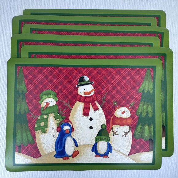 Set Of 6 Vintage Christmas Snowman Penguin Placemats Holiday Vinyl Table Mats - Picture 1 of 7